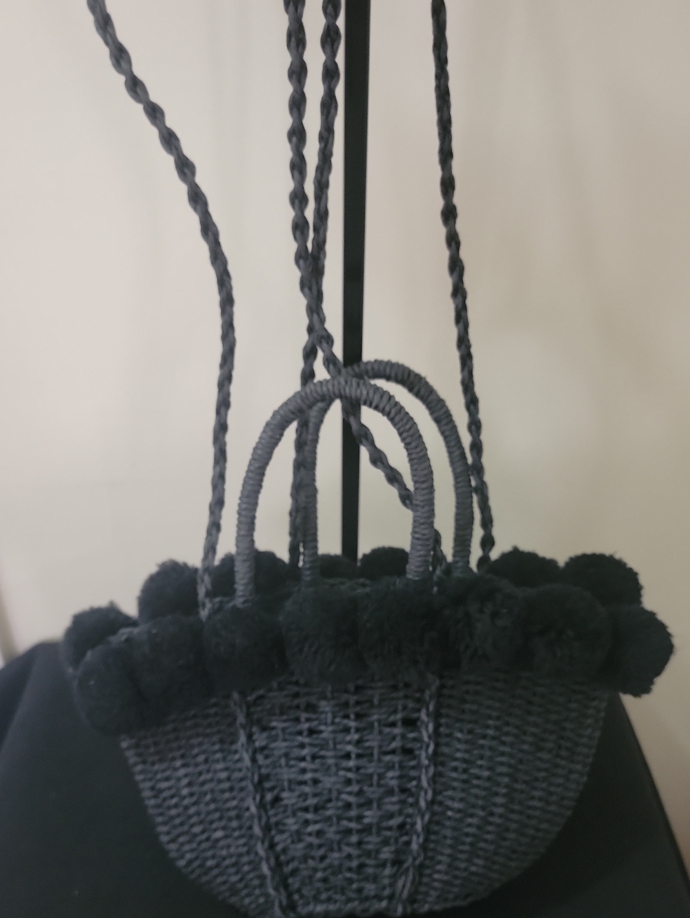 TopShop Black Pom-Pom Woven Tote Bag